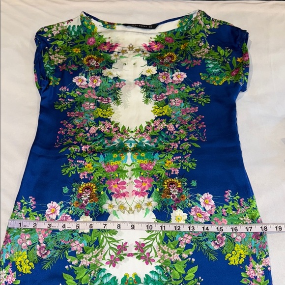 Zara Woman Silk Dress Blue Green Mini Cap Sleeves Sexy Lightweight Floral Sz XS - Picture 7 of 8